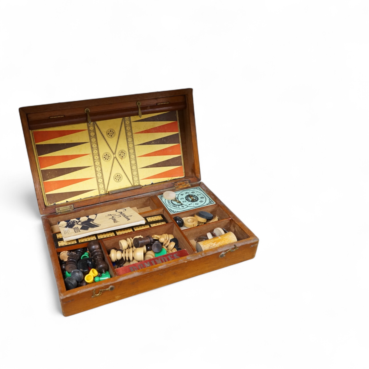 A wooden boxed games compendium, 33cm wide x 19.5cm deep